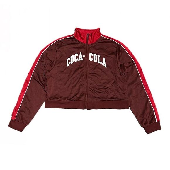 Coca-Cola Women's L Maroon Embroidered Logo Full Zip Cropped Track Jacket NWT - Picture 2 of 9